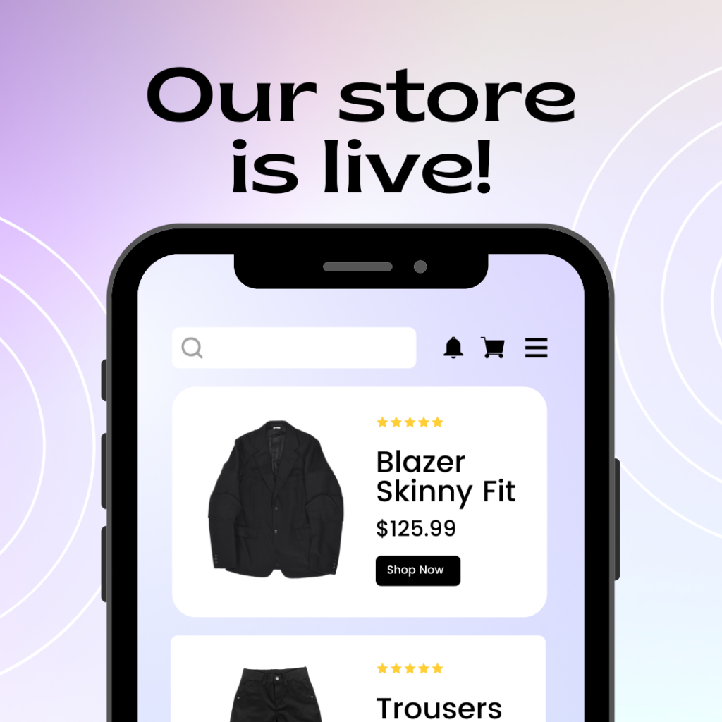 photo of phone displaying on line clothing products with purple background